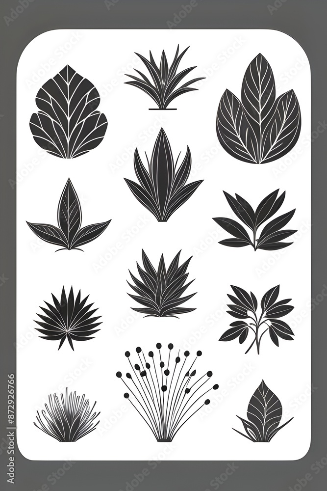 an image of Mid-century Modern Botanical Icons. black and white vector, Minimalist, Retro, Simple, Clean, Elegant, Stylish, Abstract, Nature, Foliage, Leaves, Flowers, Plants, Graphic, Monochrome an image of Mid-century Modern Botanical Icons. black and white vector, Minimalist, Retro, Simple, Clean, Elegant, Stylish, Abstract, Nature, Foliage, Leaves, Flowers, Plants, Graphic, Monochrome