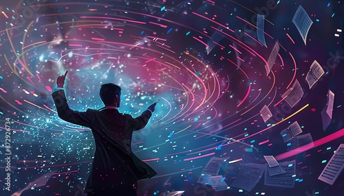The Scanner's Symphony: Harmonizing Data and Efficiency, abstract composition of digital data swirling around a symphony conductor, 