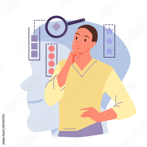 Work with data systems, logical thinking to systematize and organize information. Pensive man working on database structures organization, human head silhouette behind cartoon vector illustration