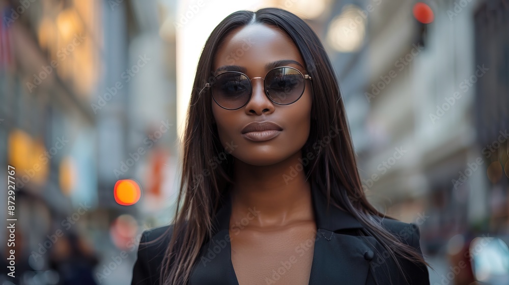 Executive woman, black businesswoman walking on busy city center street, sunglasses Executive woman, black businesswoman walking on busy city center street, sunglasses