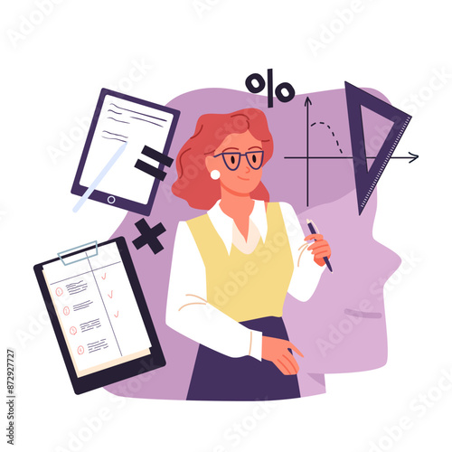 Logical science thinking of researcher and scientist, psychology. Smart female character in glasses standing at math research tests and graphs, human head silhouette behind cartoon vector illustration