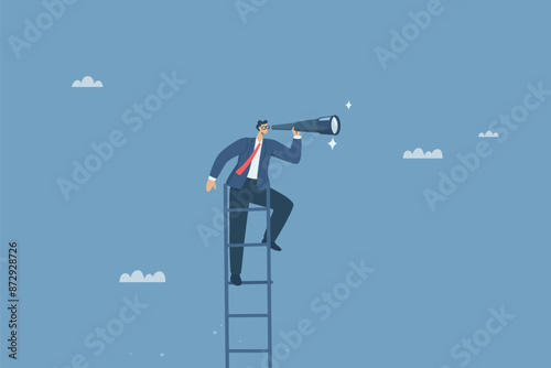 Business leader climbing stairs using binoculars to search for new business goals, Searching for business success opportunities, Ladder of success or ambition, Vector design illustration.