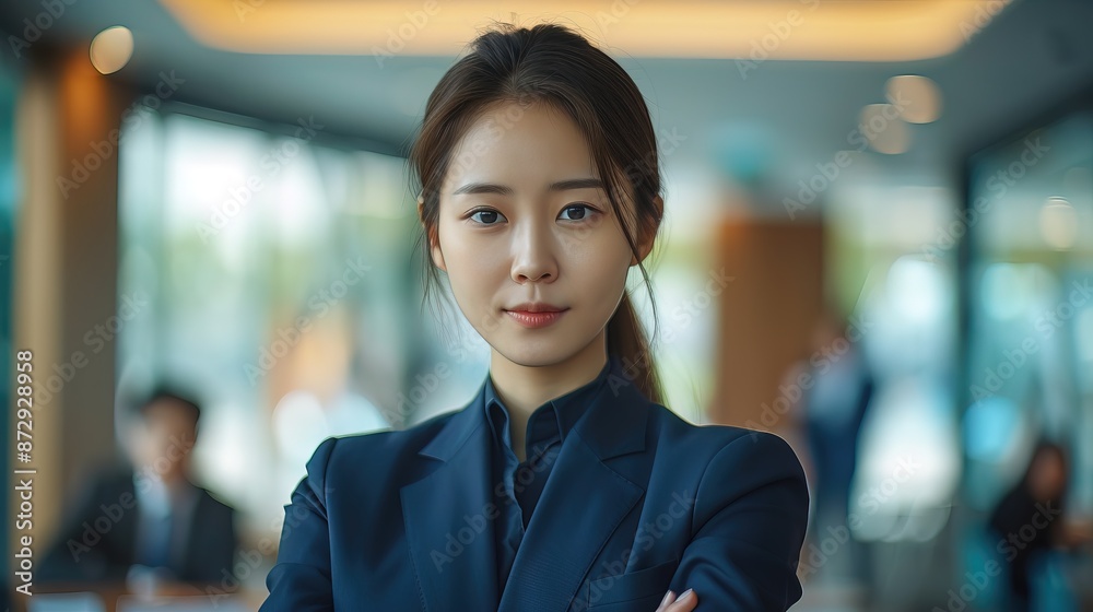 leader korean businesswoman in suit with blured team people in office leader korean businesswoman in suit with blured team people in office