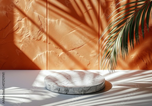 White Marble Platform With Palm Leaf Shadows on Orange Wall