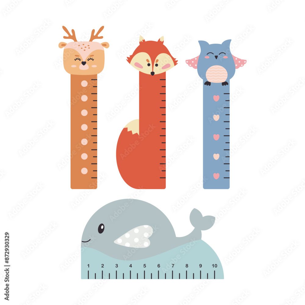 Set of vector cute measuring ruler. Kawaii school ruler with face of ...