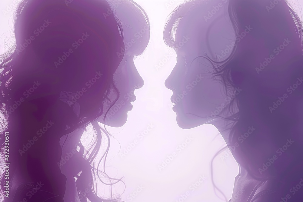 Silhouetted profile of two women facing each other in a dreamy pastel-toned haze, evoking soft emotions and intimate connections Silhouetted profile of two women facing each other in a dreamy pastel-toned haze, evoking soft emotions and intimate connections