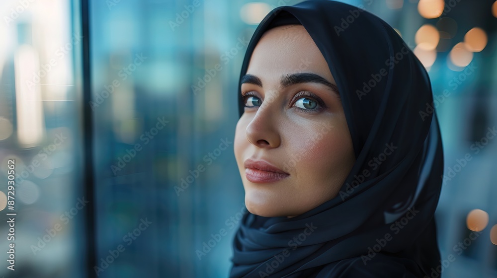 hijab businesswoman looking in window office building, thinking expression hijab businesswoman looking in window office building, thinking expression