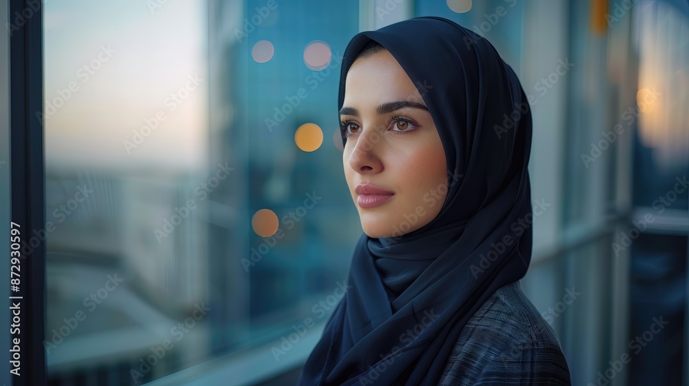 hijab businesswoman looking in window office building, thinking expression hijab businesswoman looking in window office building, thinking expression