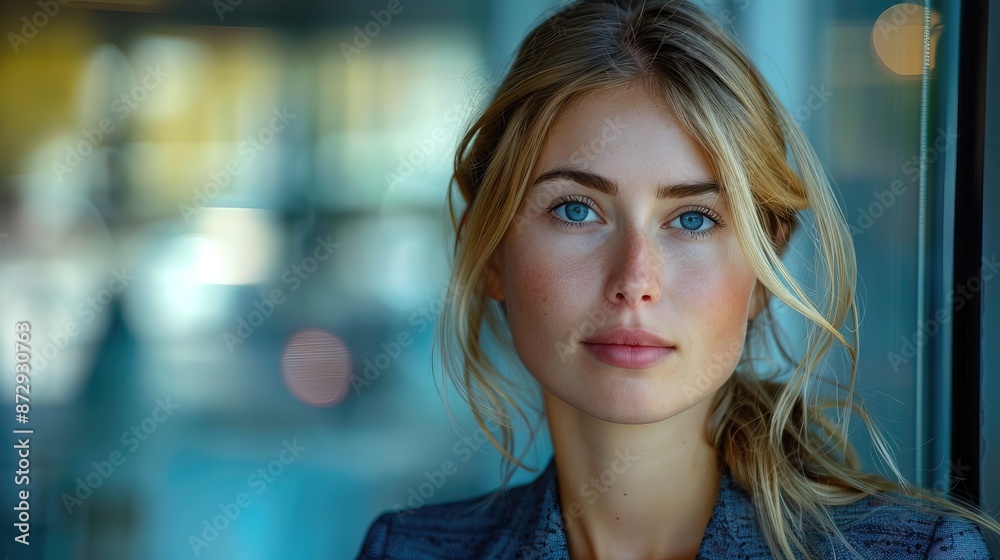 Fototapeta premium Blonde businesswoman looking in window office building, thinking expression
