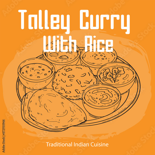 Outline Drawing Indian Food Talley Curry With Rice Illustration photo