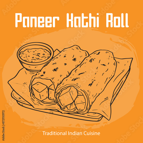 Outline Drawing Indian Food Paneer Kathi Roll Illustration