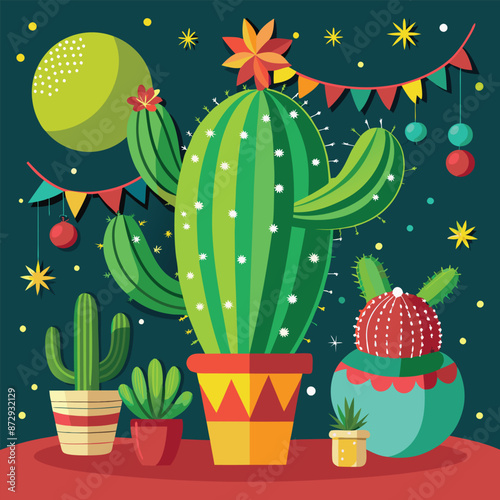 Festive Cactus Decorated With Christmas Ornaments and String Lights, A group of potted cacti are decorated for Christmas with ornaments and string lights.