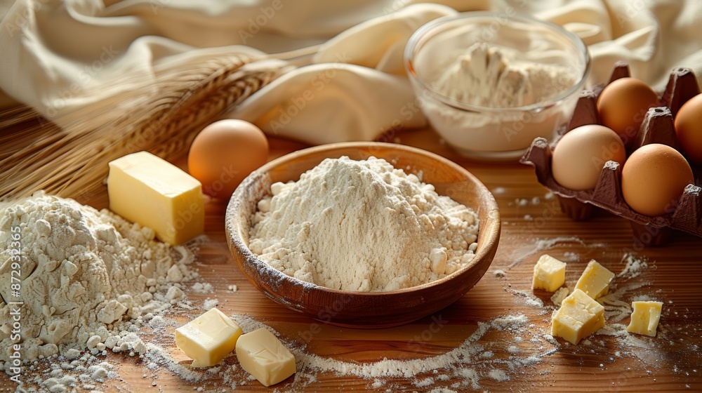 Freshly laid out ingredients like flour, butter, and eggs, ready for pastry making, ideal for cooking classes or recipe websites Freshly laid out ingredients like flour, butter, and eggs, ready for pastry making, ideal for cooking classes or recipe websites