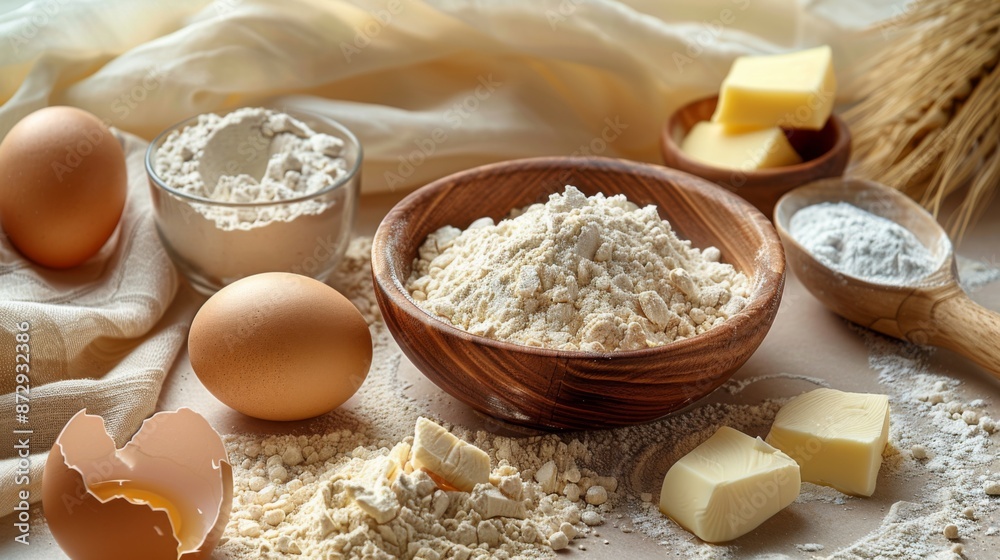 Freshly laid out ingredients like flour, butter, and eggs, ready for pastry making, ideal for cooking classes or recipe websites Freshly laid out ingredients like flour, butter, and eggs, ready for pastry making, ideal for cooking classes or recipe websites