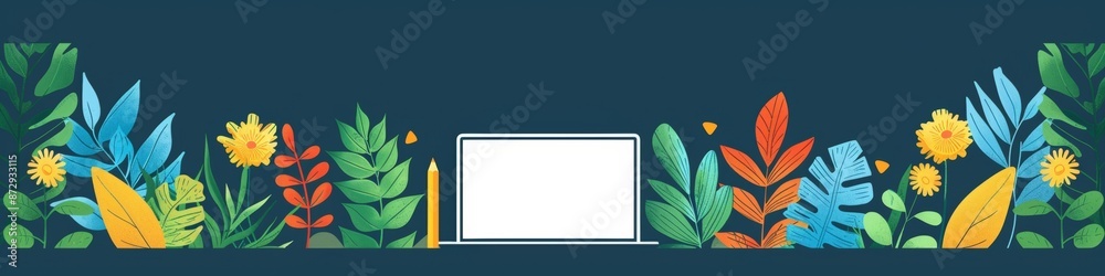 an illustration of plants growing and a laptop and a pencil 