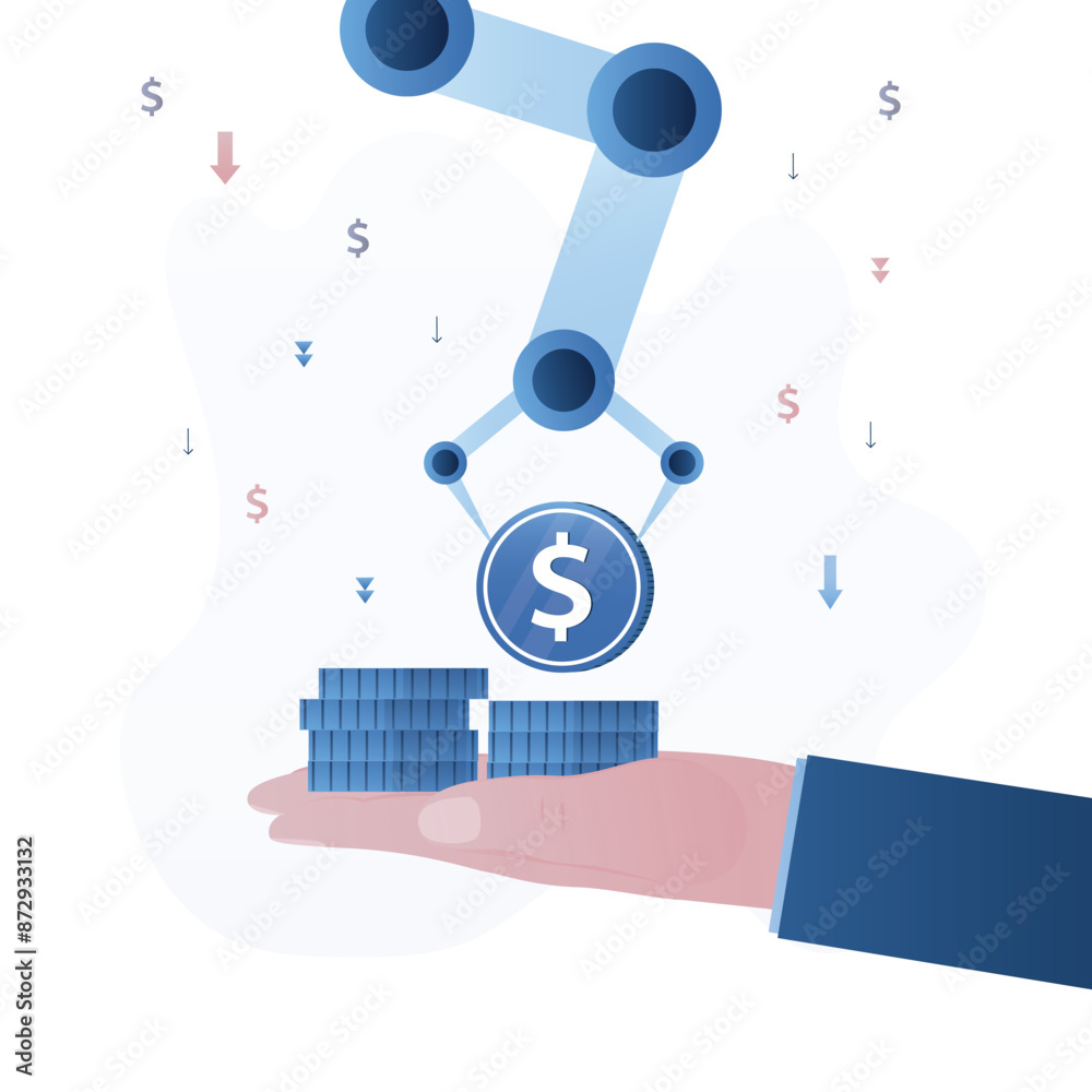 Robot puts coins on hand of businessman or trader. Profitable automated trading on stock market. Bot with artificial intelligence helps you earn money and increase your savings Robot puts coins on hand of businessman or trader. Profitable automated trading on stock market. Bot with artificial intelligence helps you earn money and increase your savings