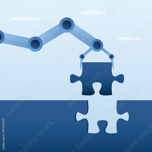 Complete jigsaw puzzle to solve problem, robot hand complete last missing jigsaw puzzle piece. Artificial intelligence is trained to solve complex tasks and problems.