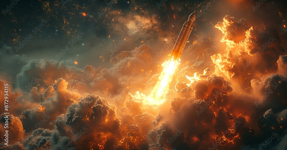 Rocket Launch Through Orange Clouds at Night Rocket Launch Through Orange Clouds at Night