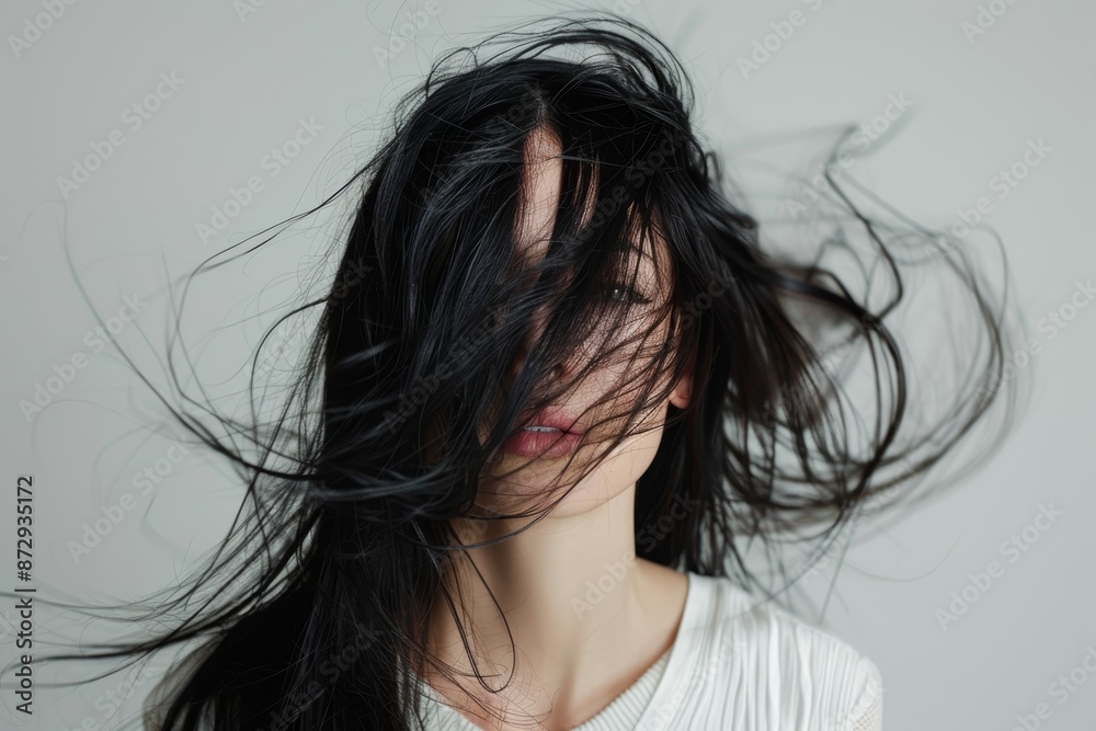 Women with hair care, salon, and luxury treatment in a studio. A female, girl, or model with healthy scalp, shaking head, flip, natural hairstyle, and grooming Women with hair care, salon, and luxury treatment in a studio. A female, girl, or model with healthy scalp, shaking head, flip, natural hairstyle, and grooming