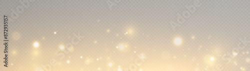 Light bokeh of gold dust with reflections. Christmas glowing bokeh and glitter overlay texture for your design on a transparent background. Gold particles abstract vector background.	
