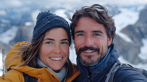 Smiling couple taking a selfie during a winter mountain hike, wearing warm jackets and beanie with snowy peaks in the background.