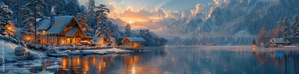 Fototapeta premium Winter Sunset Over a Mountain Lake