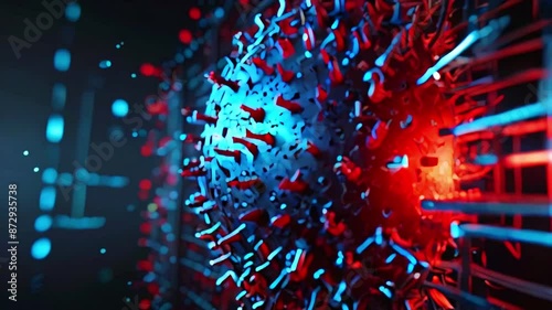 This is an illustration of a computer virus, with red and blue circuit lines. photo