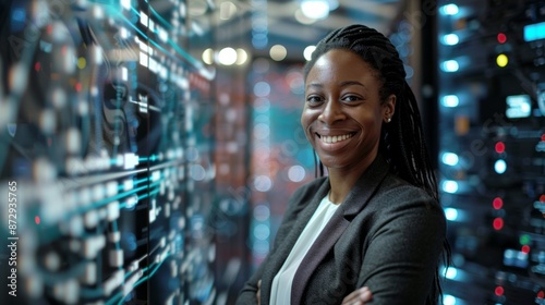 Information technology, cybersecurity, and network server room maintenance by a black woman. A happy motherboard IT worker developing future technologies software © LukaszDesign