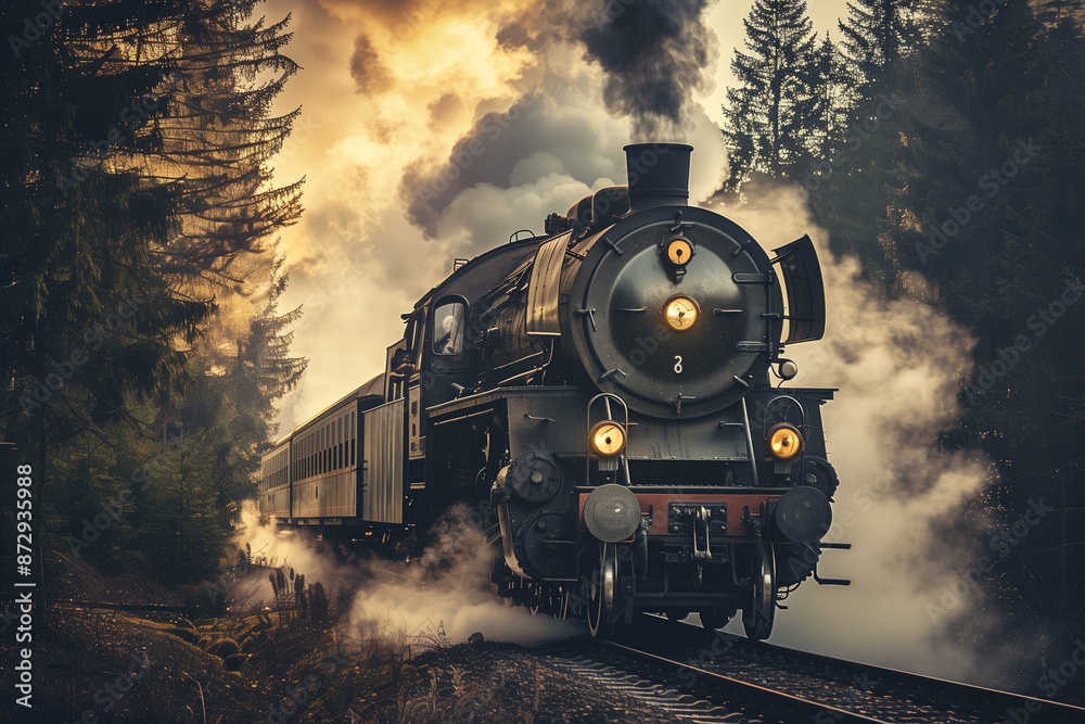 Fototapeta premium A vintage steam locomotive with billowing steam on an old railway track