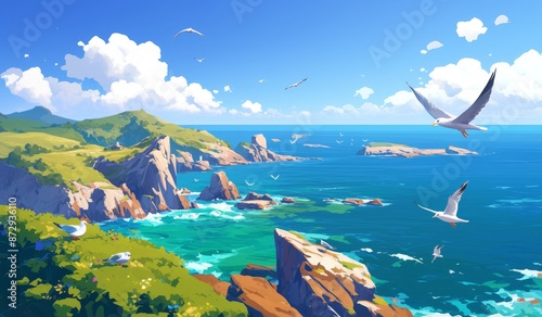 Wallpaper Mural Illustration of an ocean coast with cliffs and grassland, birds flying around, scenic view, anime inspired Torontodigital.ca