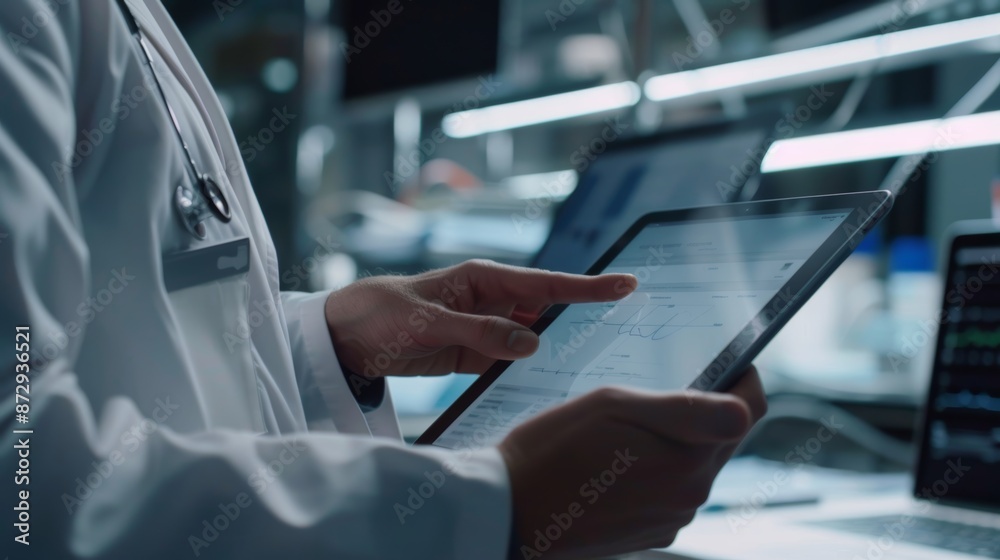 Obraz premium Doctor uses iPad to research medical equipment online. Medical professional using computerized device to design clinic wedding. Science, innovation, and technology in modern labs