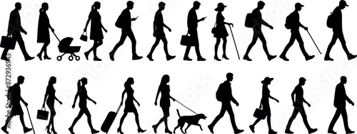 People walking silhouette diverse human walking people vector. Includes man, woman, child, dog, cane, stroller, phone, luggage, hat, bag