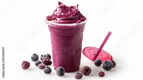 Clear plastic cup filled with acai berry smoothie and a lid, isolated white background, studio lighting for focused advertising