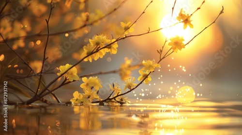 Golden Sunset with Blooming Branches