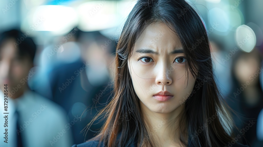 Fototapeta premium Korea businesswoman angry expression, people blurred in background