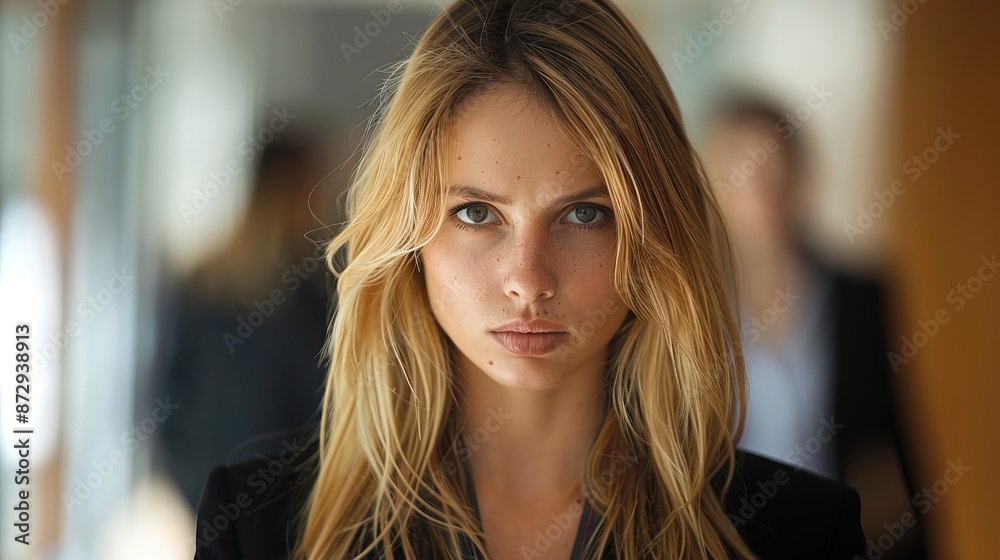 Fototapeta premium Blonde businesswoman angry expression, people blurred in background