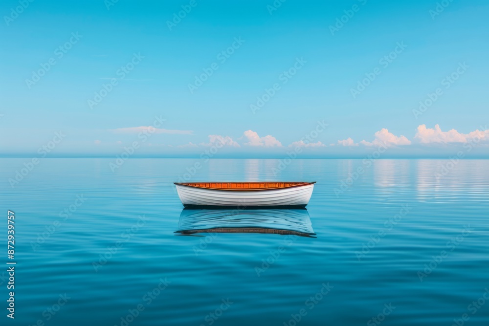 Serene view of a lone boat floating on calm, clear blue water under a bright sky with clouds. Tranquil and peaceful moment captured beautifully. Serene view of a lone boat floating on calm, clear blue water under a bright sky with clouds. Tranquil and peaceful moment captured beautifully.