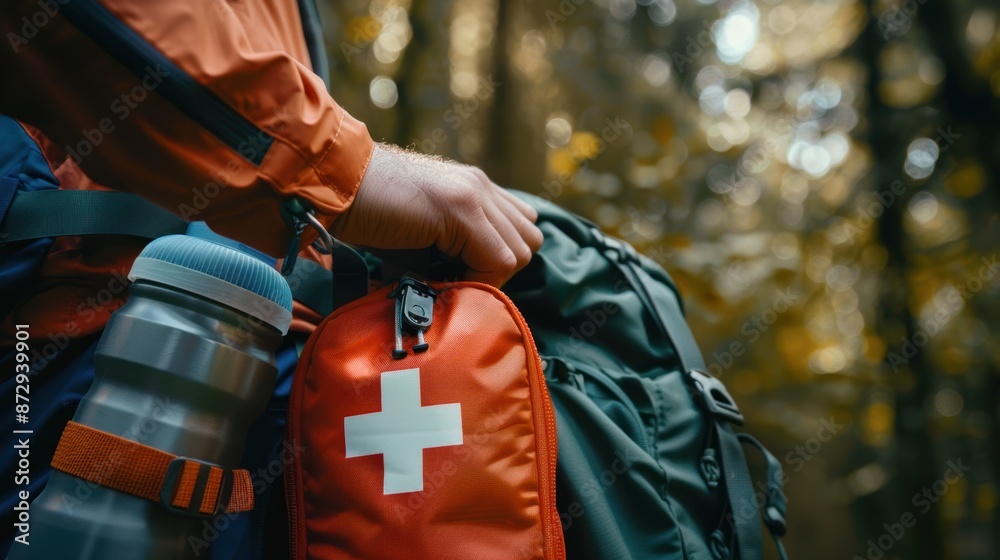 Obraz premium Prepared for the Wilderness: A Close-up of a First Aid Kit Attached to a Backpack