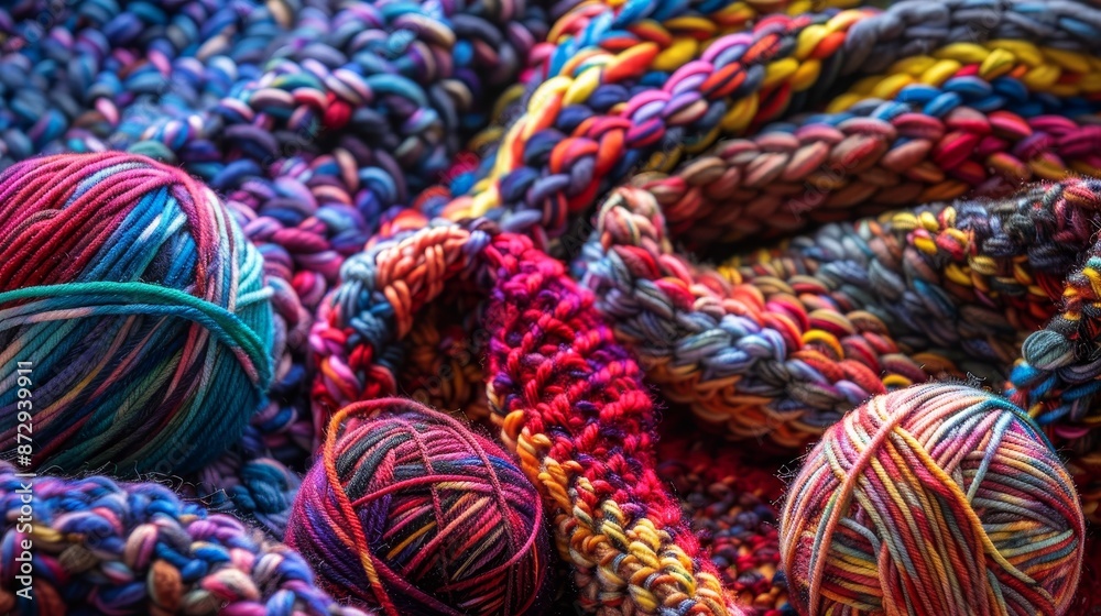 Colorful yarn balls and knitted fabric with vibrant textures and patterns. Ideal for crafting, knitting, and crochet projects.
