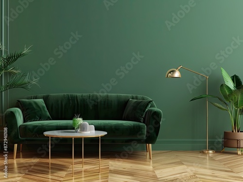 Green sofa and coffee table near green wall in minimal interior design of modern living room with parquet floor, golden lamp on the side. Minimalist home decor. Hyper realistic photography. High resol photo