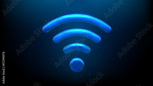 Glowing Blue Neon Light Wi-Fi Wireless Icon. Low Poly 3D Design and Wireframe Network Structure. Internet Vector Illustration