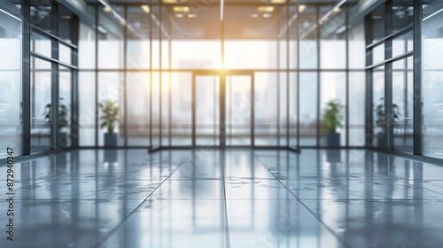 Wallpaper Mural Modern business office lobby with reception area and meeting room, featuring blurry interior foyer design with natural light through large glass windows Torontodigital.ca