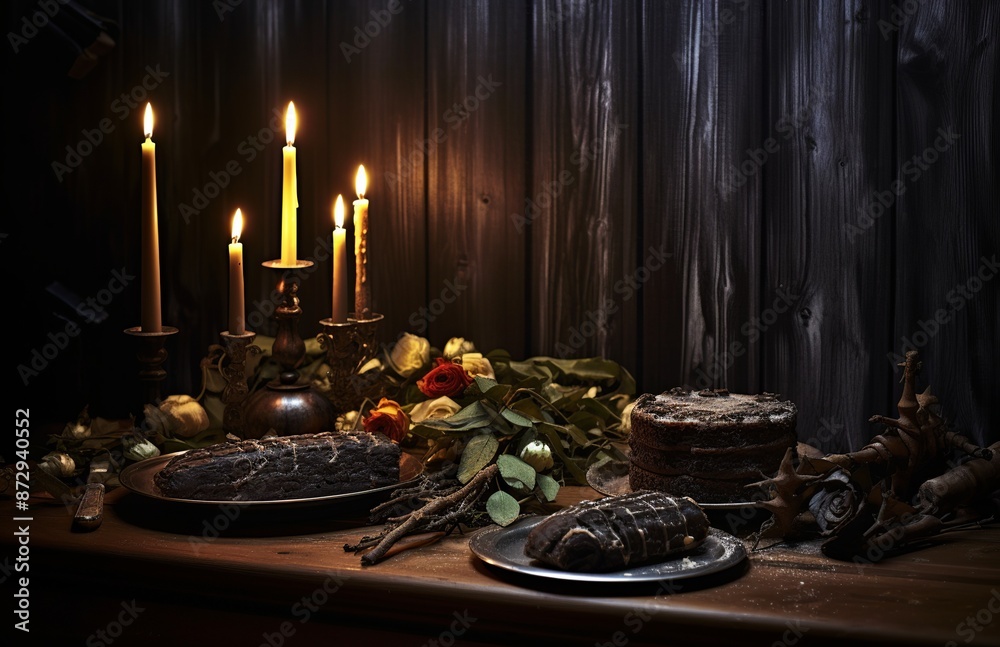 Rustic Still Life with Candles, Flowers, and Bread Rustic Still Life with Candles, Flowers, and Bread
