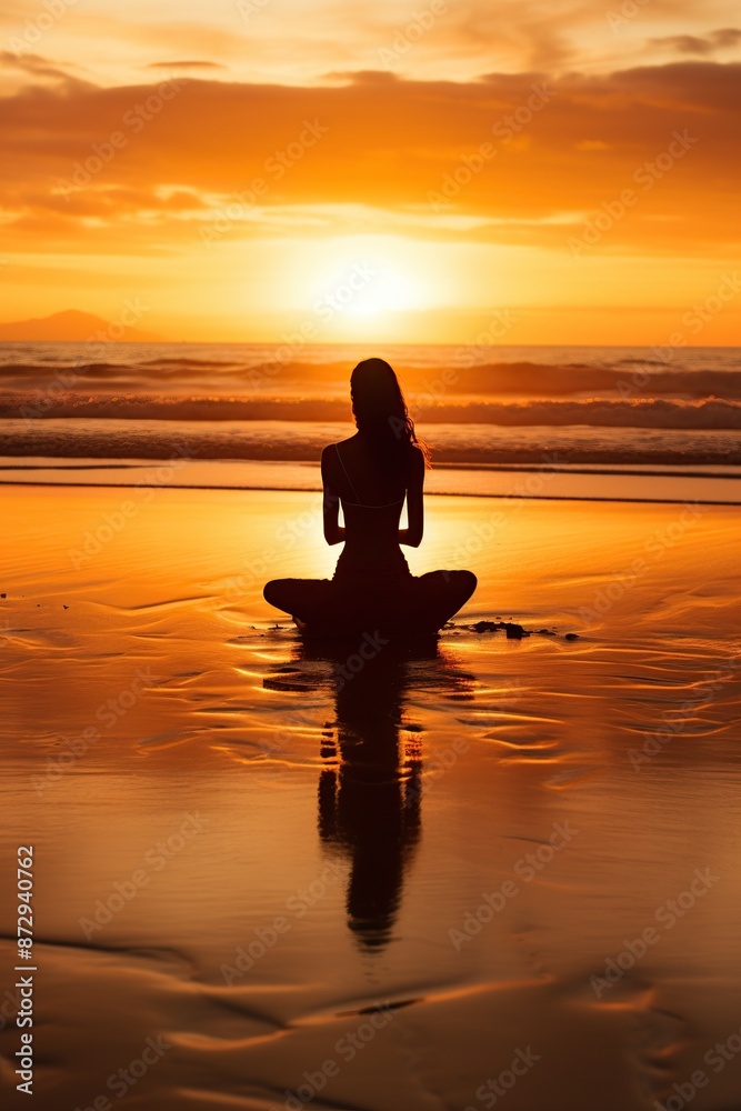 Fototapeta premium Woman Meditating on Beach at Sunset
