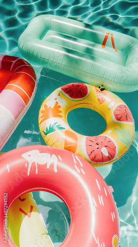 inflatables in the pool on a summer hot day. background with blue pool water with swimming toys and inflatables