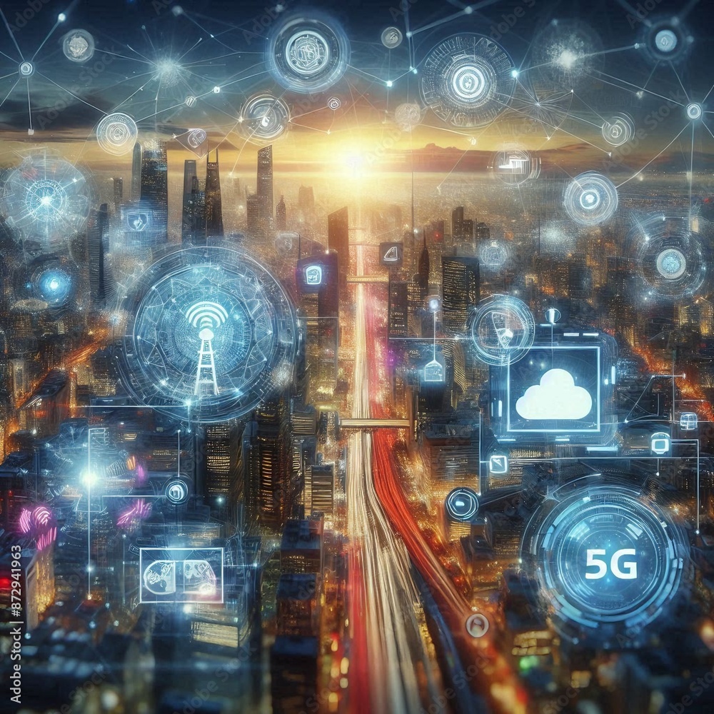 Fototapeta premium The Evolution of 5G Networks and Cloud Computing in Smart Cities, generated by AI