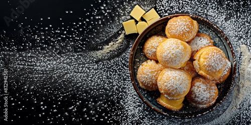 Image shows a plate of freshly baked Dutch mini pancakes, also known as pannekoeken. The pancakes are sprinkled with powdered sugar and served with a side of butter -Dutch photo