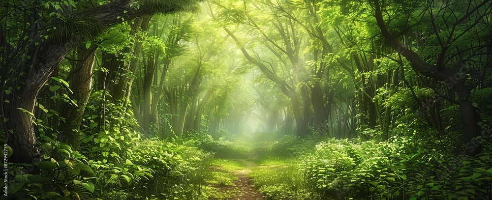 Obraz premium Enchanting Path in a Lush Green Forest with Tall Trees and Sunlight Filtering Through the Leaves, Leading into Darkness, Capturing the Beauty and Mystery of Nature