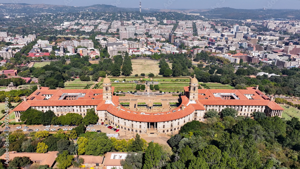 Naklejka premium Union Buildings At Pretoria In Gauteng South Africa. Government Building. Landscape Urban. Pretoria At Gauteng South Africa. Government Office Scenery. Union Buildings.