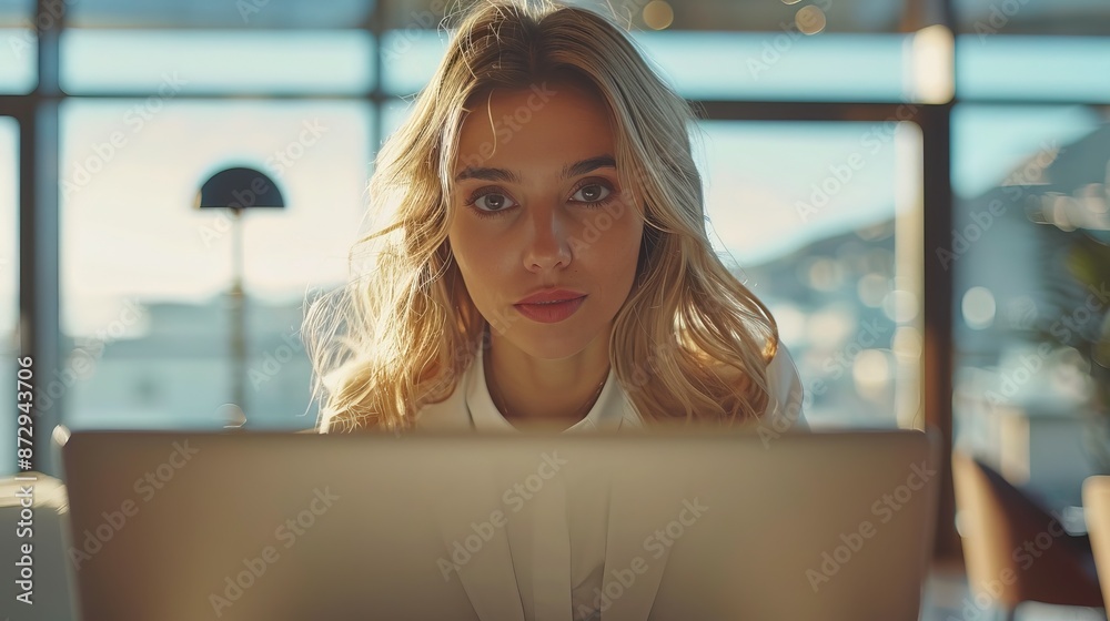 Professional blonde businesswoman using a laptop in a modern office. Copy space Professional blonde businesswoman using a laptop in a modern office. Copy space